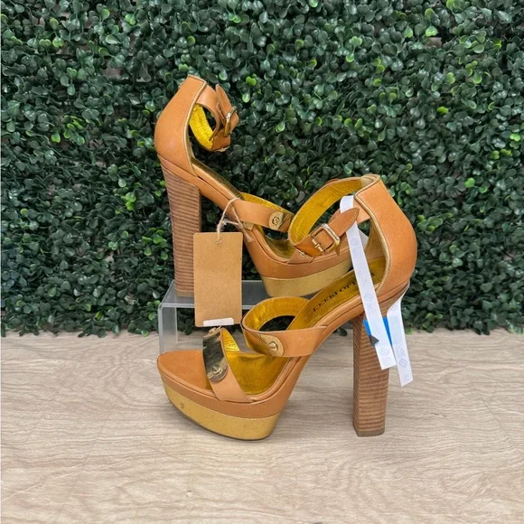 Emilio Pucci Brown Leather Plated Platform Sandals - W6 - Picture 1 of 10